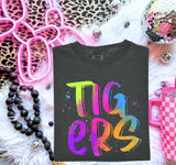 Tigers mascot DTF transfer in stacked bright neon watercolor brush lettering with paint splatter accents