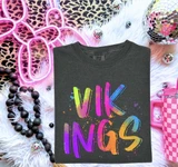 Vikings mascot DTF transfer in stacked bright neon watercolor brush lettering with paint splatter accents