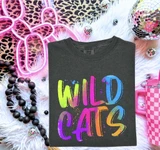 Wildcats mascot DTF transfer in stacked bright neon watercolor brush lettering with paint splatter accents