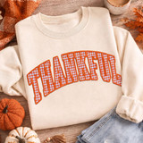 Thankful Gingham Appliqué Patch, orange and white plaid fall embroidered edge patch on a cream sweatshirt with autumn decorations