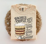 Rachel's Trifle DTF Transfer, design of a layered trifle dessert with text about custard, jam, and meat.