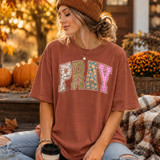 PRAY patchwork-style DTF transfer with floral, leopard, pumpkin, and polka dot pattern letters in pink, green, and blue tones