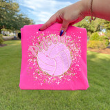 Pink Out volleyball DTF transfer with script lettering, gold glitter-style splatter, and pink volleyball graphic on a bright pink shirt