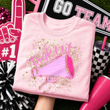 Pink Out DTF transfer with hand-painted pink megaphone design and gold paint splatter accents on a pink shirt