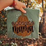Blessed Mama Pumpkin DTF Transfer | Fall Mom Design, green fabric with pumpkin and decorative text for fall-themed craft projects.
