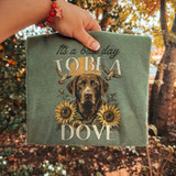 It's A Bad Day To Be A Dove DTF transfer with chocolate Labrador retriever, sunflowers, and doves in flight, hunting dog design