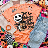 The Nightmare Before Drinking Caffeine DTF transfer with skeleton character holding a pumpkin iced coffee cup and bat graphic