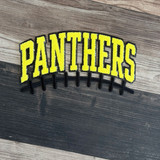 Black and gold Panthers football chenille patch with varsity lettering and dimensional black football laces for game day apparel