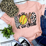 For the Love of the Game Softball Screen Print Heat Transfer, pink T-shirt with softball and patterned letters design.