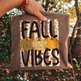 Fall Vibes DTF transfer with polka dot lettering and three patterned pumpkins in leopard, floral, and gingham print