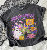 Halloween Town Est 1998 DTF transfer with ghost, jack-o'-lantern scarecrow, pumpkins, and a whimsical purple spooky village illustration
