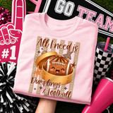 All I Need Is Dumplings & Football DTF Transfer, a cute game day design t-shirt featuring a smiling football in a lunchbox with stars and text, perfect for sports fans and football enthusiasts.