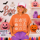 White line-art pumpkin grid DTF transfer with nine hand-drawn pumpkin styles including checkered, floral, spiderweb, ghost, and jack-o'-lantern designs