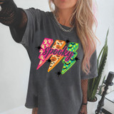 Spooky Lightning Bolts DTF Transfer, colorful ghost pumpkin bat Halloween heat transfer on a black t-shirt