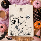 Well, Shit Skeleton DTF Transfer | Funny Skeleton Skull Balloon Halloween Heat Transfer, Halloween themed skeleton dancing with a balloon skull and bats around it, with spider webs and spooky scenery.