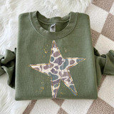 Camo Star DTF Transfer, distressed camouflage star graphic heat transfer on a green sweatshirt.