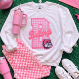 Pink Gingham Bulldogs Appliqué Embroidered Patch, pink and white checkered bulldog applique patch with embroidered text 'Bulldogs' and a bulldog mascot on a white sweatshirt.