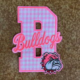 Pink Gingham Bulldogs Appliqué Embroidered Patch, embroidered patch featuring a pink gingham bulldog and the word Bulldogs.