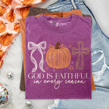 God is Faithful in Every Season DTF transfer with pumpkin, bow, and cross design on purple shirt