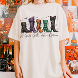 A Girl's Gotta Have Options Halloween DTF transfer featuring five illustrated witch boots in purple, black, green, and orange with script lettering