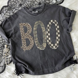 BOO Halloween DTF transfer with leopard, camo, and checkered print lettering on a dark distressed t-shirt