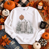 Two sheet ghosts with orange jack-o’-lantern pumpkin balloon Halloween spangle transfer in black white and orange