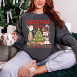 Christmas Magic DTF transfer with Santa, nutcracker, snowman, gingerbread man, and Christmas tree illustration plus cookies hot cocoa candy canes banner
