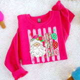 Ho Ho Ho Christmas DTF transfer with whimsical Santa face, plaid hat, and colorful polka-dot lettering on pink striped background