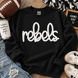 White Rebels fluffy script heat press appliqué patch displayed on a black sweatshirt.