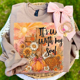 It's Well With My Soul DTF transfer with wooden cross, sunflowers, daisies, and plaid and leopard print pumpkins in a watercolor fall design