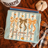 I Will Praise Him In Every Season DTF transfer with floral, leopard, and plaid fall bows on a striped polka dot background