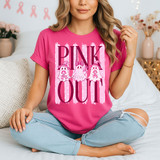 Pink Out breast cancer awareness DTF transfer with three ghost characters wearing witch hats and pink ribbons on a distressed pink striped background