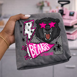 Bears mascot DTF transfer featuring a black bear head with pink star sunglasses in retro pink out style
