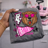 Grizzlies mascot DTF transfer with roaring grizzly bear head wearing pink star sunglasses in retro pink out style