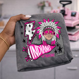 Indians mascot DTF transfer with feathered headdress character wearing pink star sunglasses in retro pink out style