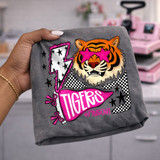 Tigers mascot DTF transfer featuring a tiger head in pink star sunglasses with a checkered lightning bolt, pink pennant flag, and #PinkOut lettering in a bold school spirit style