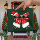 Christmas Santa bow DTF transfer with santa hat, black belt buckle, big red bow, and fuzzy boots design