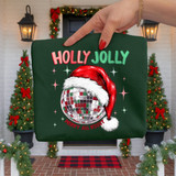 Holly Jolly Christmas DTF transfer with a sparkly disco ball wearing a Santa hat and Merry All Night lettering