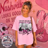 Country music tribute DTF transfer with black-and-white photo collage, pink butterfly, script signature, and inspirational quote on a pink shirt