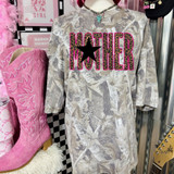 MOTHER DTF transfer in leopard print lettering with pink outline and black star, shown on camo t-shirt