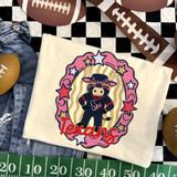 Texans mascot DTF transfer with bull character in navy jersey and star sunglasses inside a pink and gold star frame