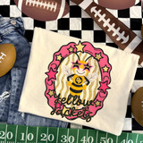 Yellow Jackets mascot DTF transfer featuring a bee character with star sunglasses in a pink and gold star-framed oval, hand-painted school spirit style