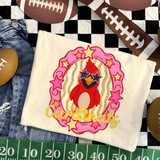 Cardinals mascot DTF transfer featuring a cardinal wearing star sunglasses in a pink and gold star-studded frame with glitter accents, designed for school spirit and game day shirts