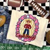 Cowboys mascot DTF transfer featuring a cowboy boy in a star-studded pink and gold frame, hand-painted school spirit style