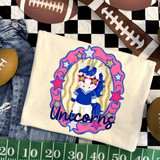 Unicorns mascot DTF transfer featuring a unicorn in a football jersey with star sunglasses inside a pink and gold star-studded oval frame