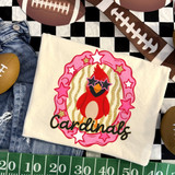 Cardinals mascot DTF transfer featuring a cardinal bird wearing star sunglasses inside a pink and gold star-studded oval frame