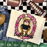 Bulldogs mascot DTF transfer featuring a bulldog wearing star sunglasses and a black tee inside a pink and gold star-studded frame with "Bulldogs" script lettering