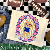 Bobcats mascot DTF transfer featuring a bobcat character in star sunglasses and blue jersey inside a pink and blue star-studded frame with glitter-style stripes