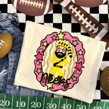 Bearded pioneer mascot DTF transfer in yellow outfit with star sunglasses inside a pink and gold star-studded oval frame, with "Pioneers" text below