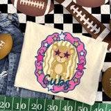Cubs mascot DTF transfer with bear cub in star sunglasses inside a pink and gold star-studded frame, hand-painted school spirit style